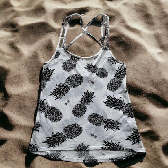 Victoria's Secret PINK | Black And White Pineapple Tank Top | Size Extra Small - Picture 1 of 10